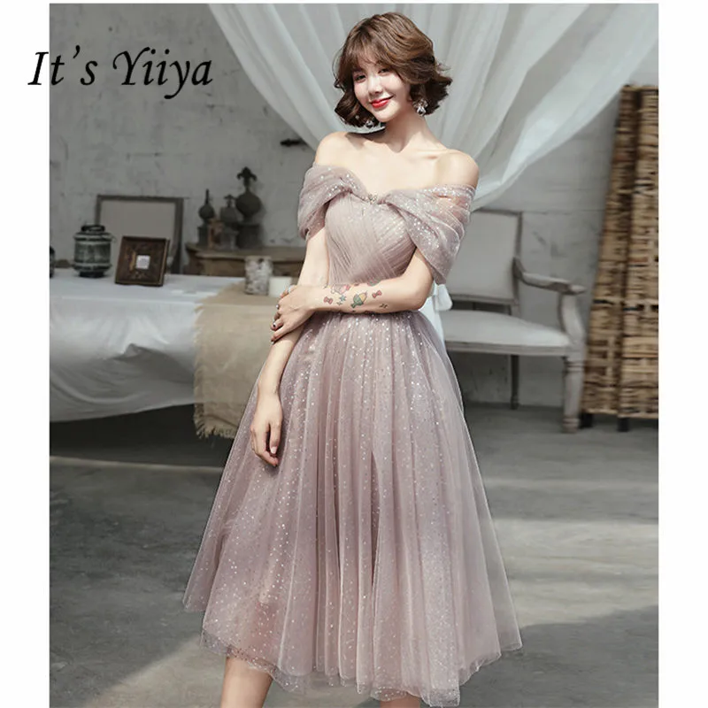 

It's YiiYa Cocktail Dress Elegant Boat Neck Women Party Dresses Off Shoulde Plus Size Shining Tea Length Robe De Soiree E886