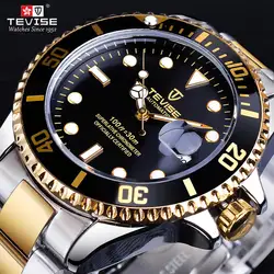 TEVISE Top Brand Luxury Black Golden Waterproof Clock Stainless Steel Date Dispaly Luminous Mens Automatic Mechanical Wristwatch