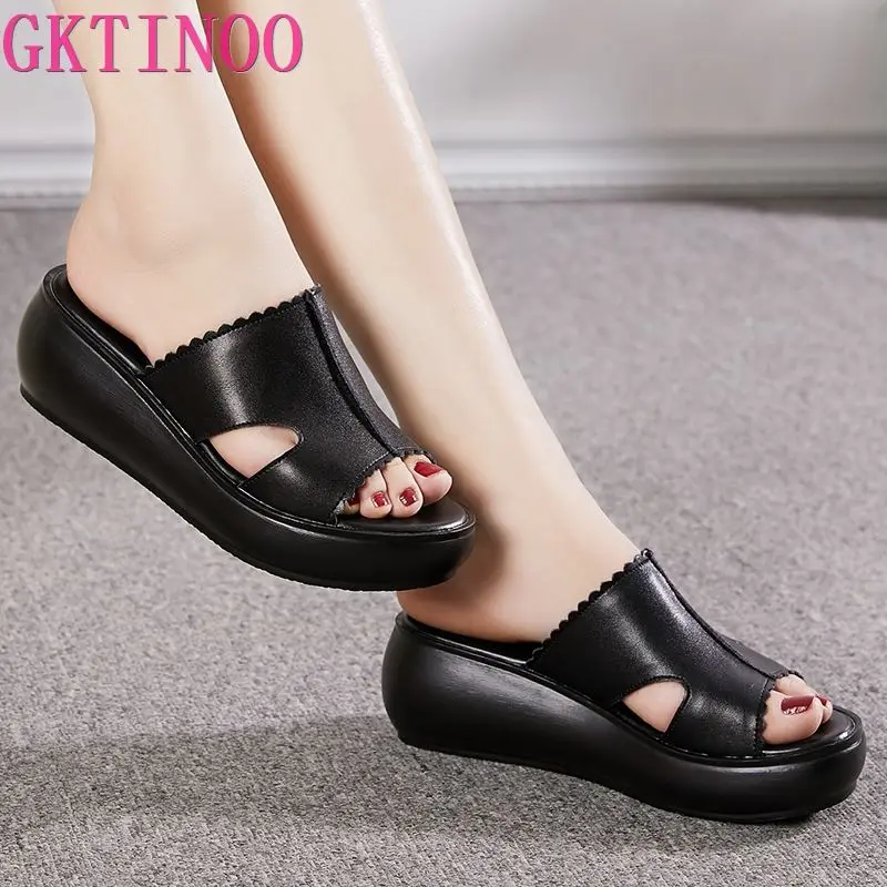 GKTINOO Women Slippers Summer 2024 Casual Shoes Genuine Leather Wedges Platform Slippers Women Sandals High Heel Slides