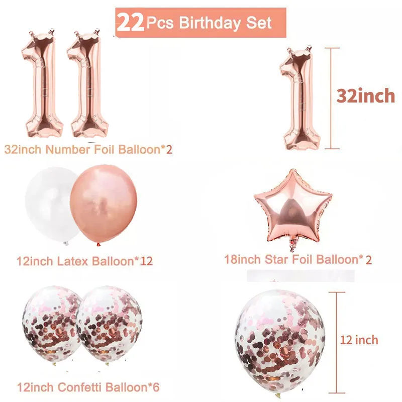 Rose Gold 11 Birthday Balloons Number Foil Confetti Helium Globos Boy Girl Party Decorations 11th Years Old Anniversary Supplies