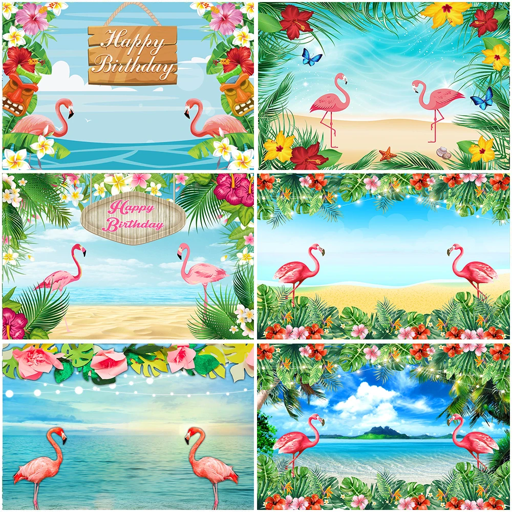 MOCSICKA Flamingo Birthday Backdrop Summer Tropical Hawaiian Floral Photography Background Flower Baby Shower Cake Table Banner