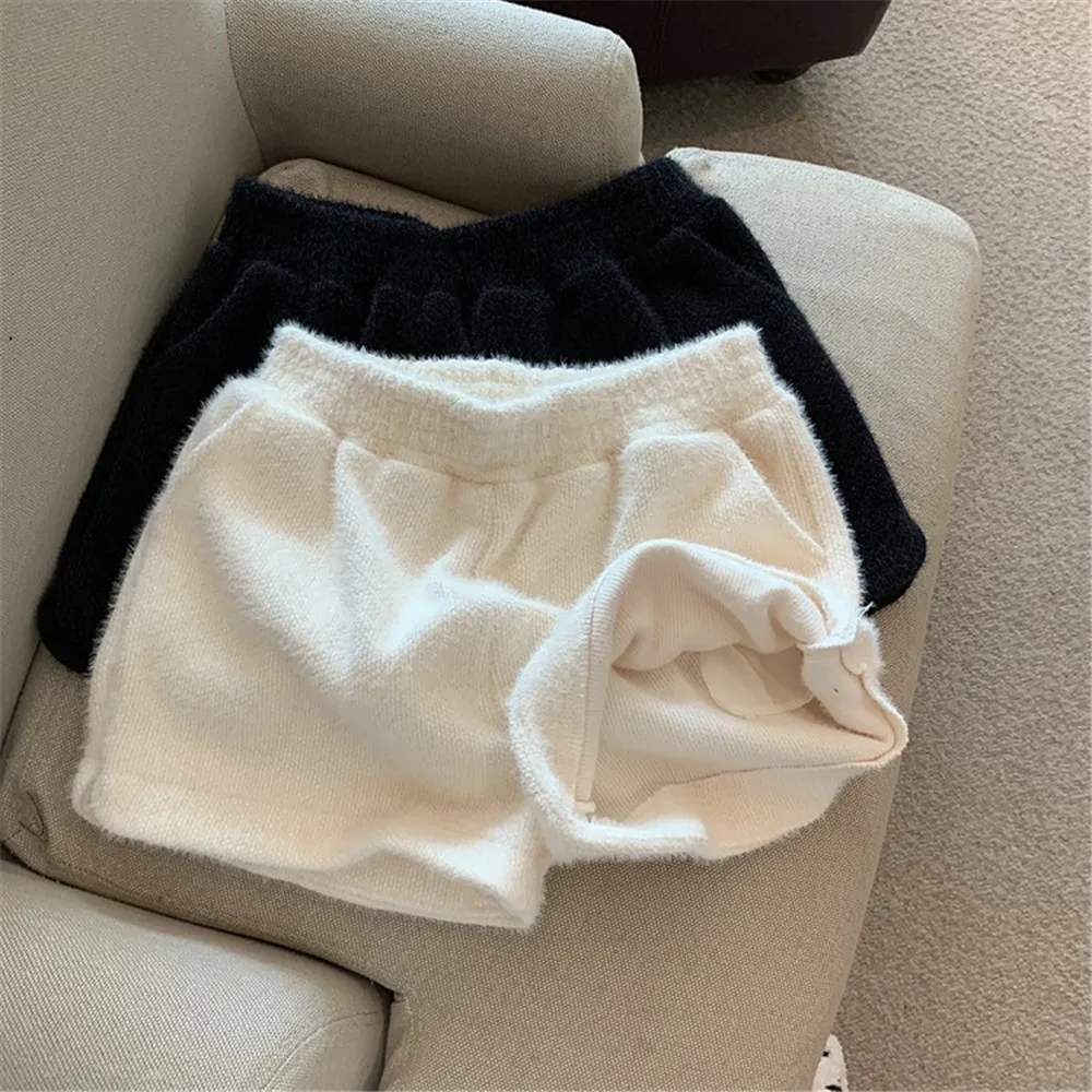 knit shorts autumn and winter women mink fur shorts female loose hot girl a-line wide-leg high waist straight boots shorts