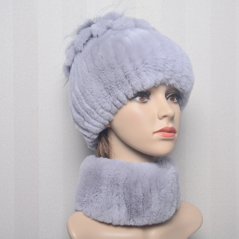 

Fashion Ladies Real Rex Rabbit Fur Scarf Hat Set Women Winter Warm Natural Rex Rabbit Fur Muffle Cap Real Fur Scarves Hats