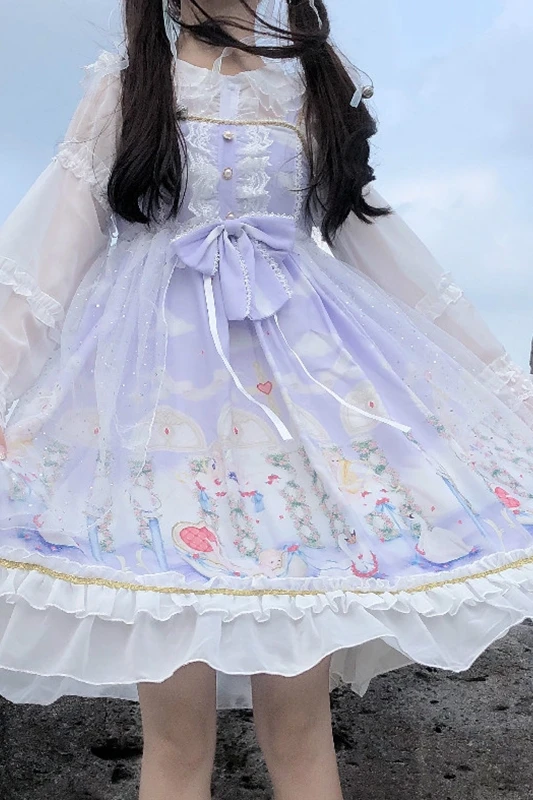 Japanese Lolita Angel Love Printed High Waist Ruffle JSK  Dress Women's fairy dress  tea party  lolita dress  sweet lolita doll