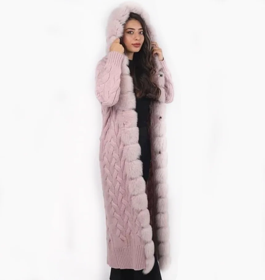 Cappotto lungo lavorato a maglia da donna con collo in vera pelliccia di volpe, cappotto di lana, 2022