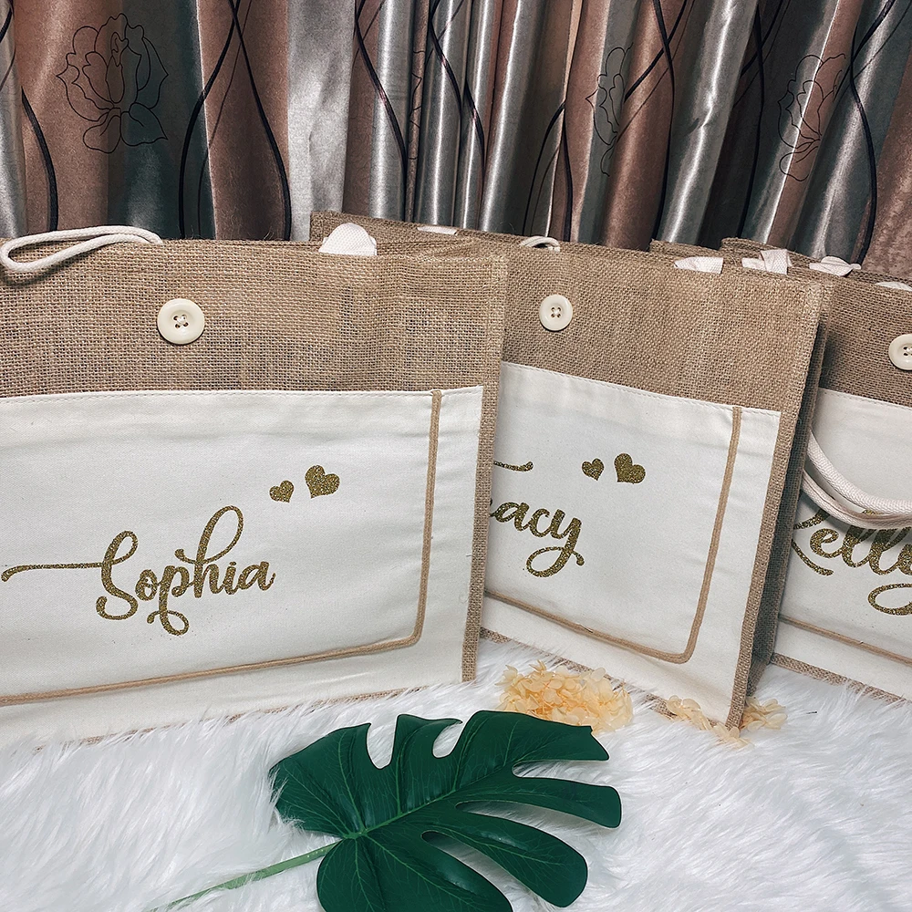 Bolso de mano de algodón de yute personalizado para mujer, bolsa grande de arpillera para compras, regalo de boda para invitados, regalos de dama de