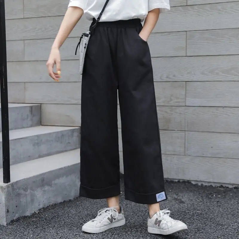 Pants Women All-match Wide-leg Elastic Waist Simple Popular BF Style Preppy Girls Trousers Daily Casual Stylish Woman Clothing