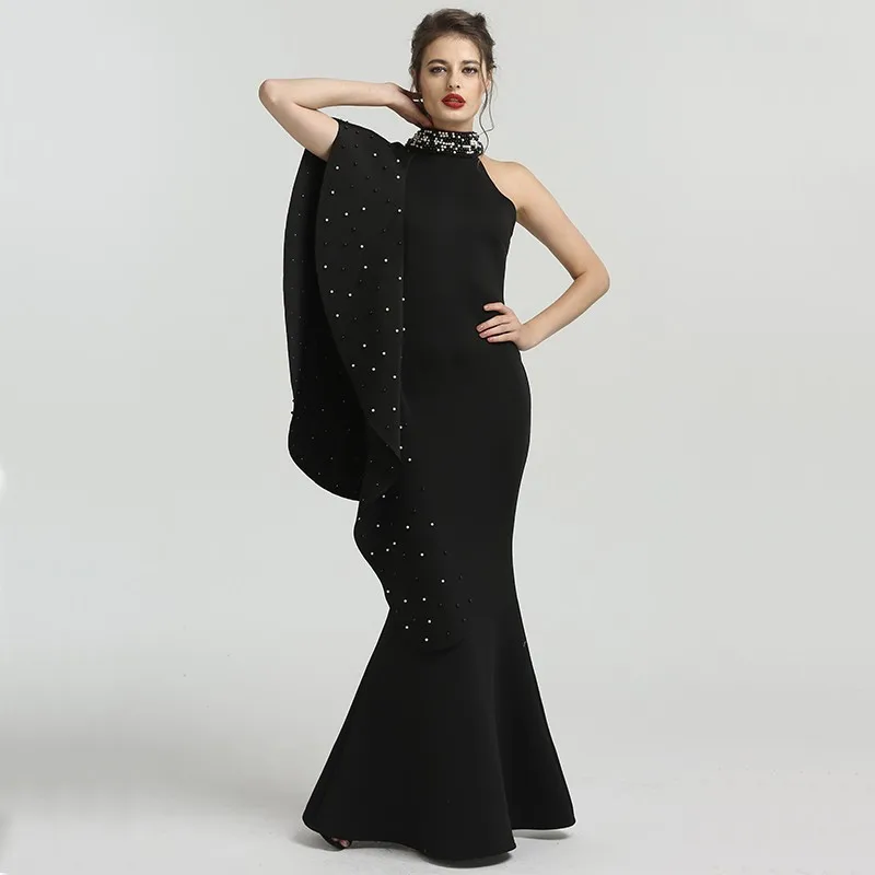 Vestido De noche De sirena con cuello alto y perlas, elegante, sin mangas, largo, Formal, árabe, color negro, 2022