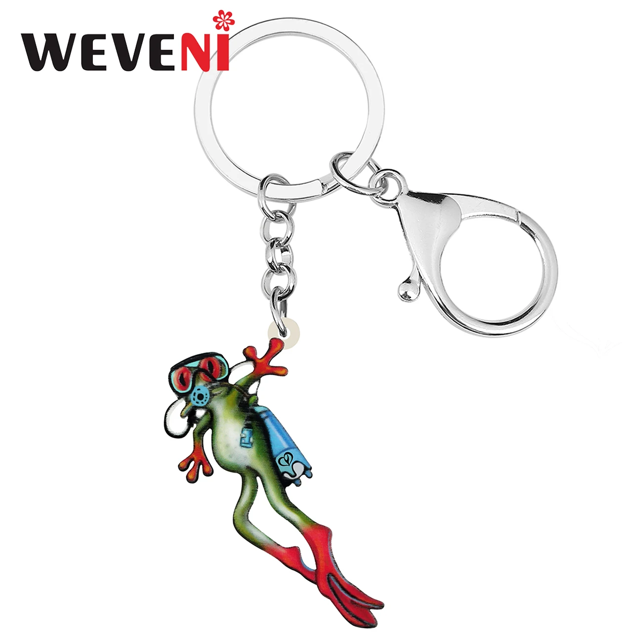 WEVENI 아크릴 귀여운 만화 다이빙 다이버 개구리 키 체인 패션 자동차 지갑 열쇠 고리 반지 매력 선물 여자를위한 보석 여자 청소년