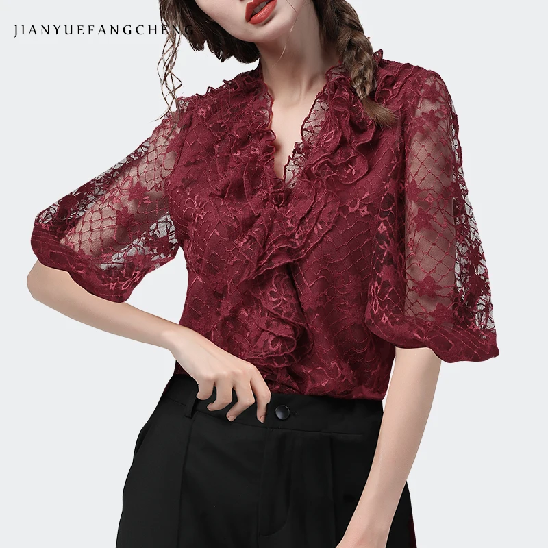 Fashion Women Sexy Hollow Out Lace Blouse Short Sleeve Loose Plus Size Ruffles V-Neck Top 2020 New Ladies Summer Blouses Tops