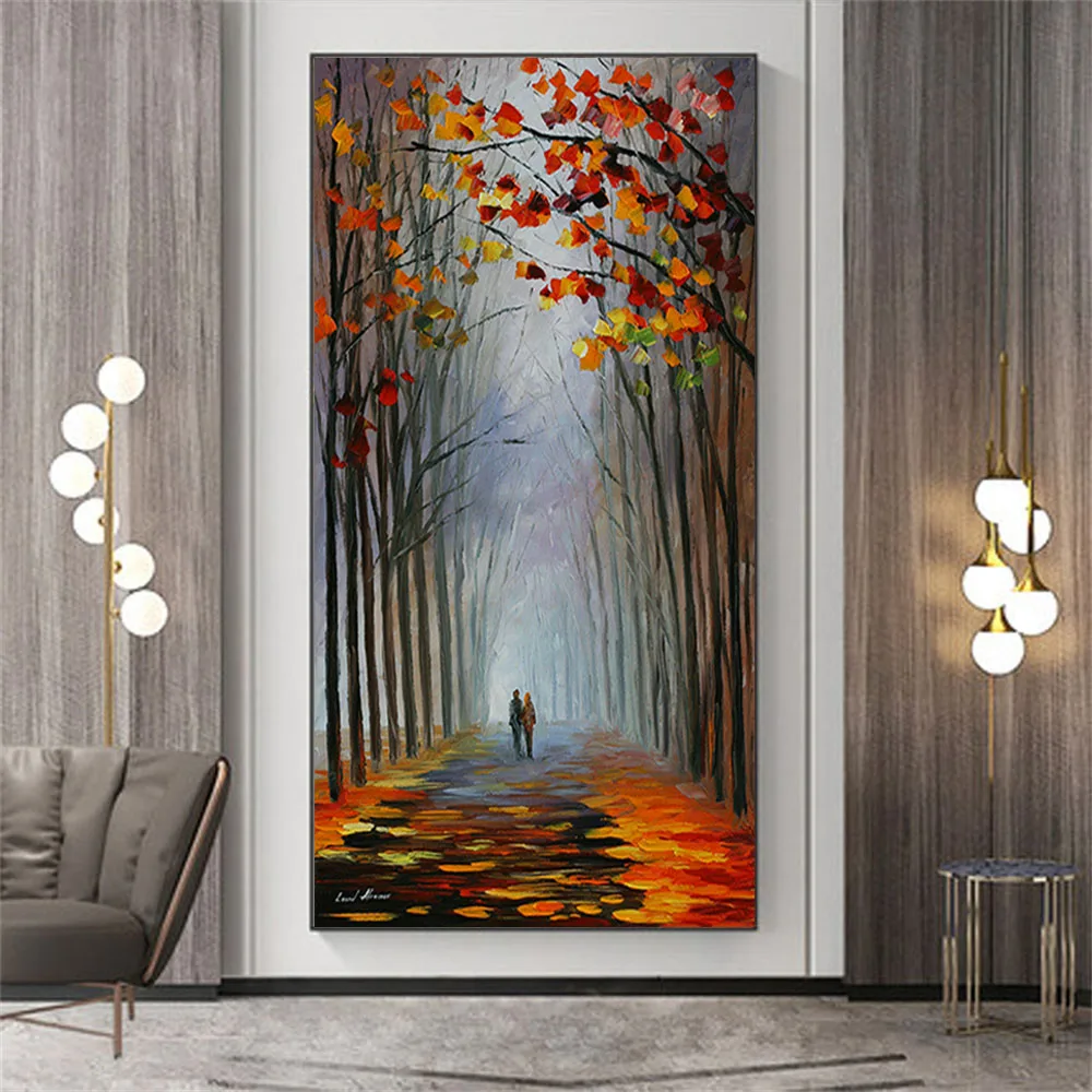 Hand-Painted Wall Art Autumn Morning Landscape Oil Painting On Canvas Hotel Hall Home Decor Thick Birch Maple Leaf Picture