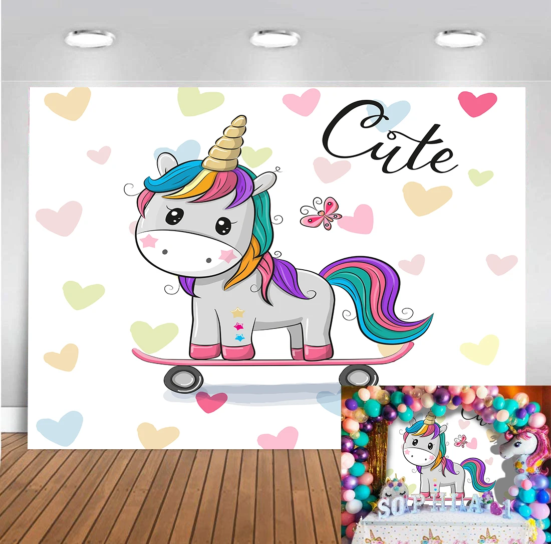 Backdrop Photo Studio Unicorn Rainbow Themed Colourful Decor Children Adult Happy Birthday Background Photobooth