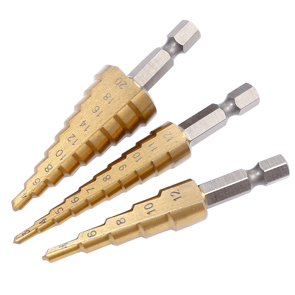 3 Stück 3–12 mm 4–12 mm 4–20 mm HSS-Stufenbohrer-Set mit gerader Nut, Titanbeschichtetes Holz, Metall, Lochschneider, Kernbohrer-Set – Detail 10