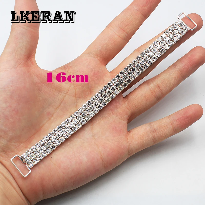 100%New 16/11cm Auto shrink Three-rows Rhinestone Chain Bikini Connectors Rings Bukcles Clothing Decoration for Women 2Pcs/Lot