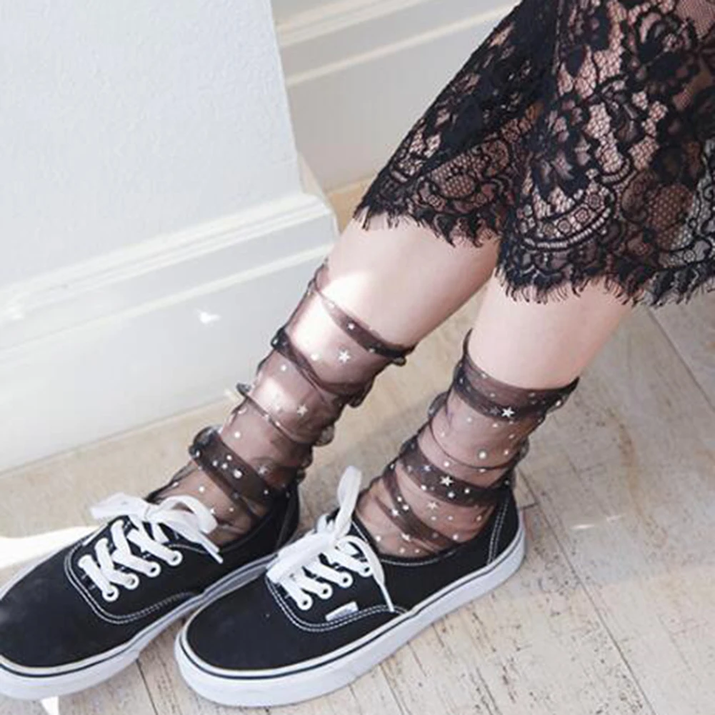 Fashion Star Moon Tulle Socks Women Transparent Thin Long Socks Female Dress Lace Funny Socks Dress Sock Streetwear calcetines