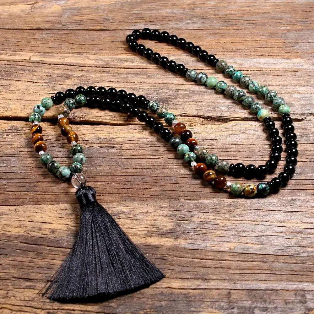 Natural Tiger Eye Stone 108 Japamala Beads Necklaces For Women Black Onyx Yoga Mala Tassel Long Necklace Men Jewelry 8MM