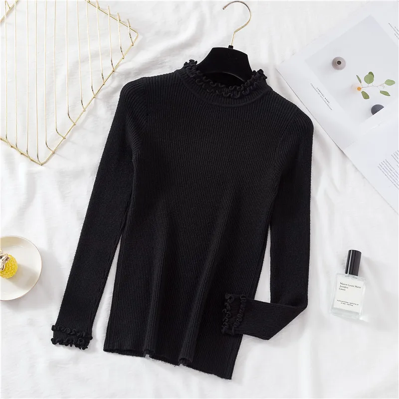 Half Turtleneck Ruffles Women Sweaters High Elastic Slim New Autumn Winter Female Sweater Long Sleeve Knitted Pullover Tops