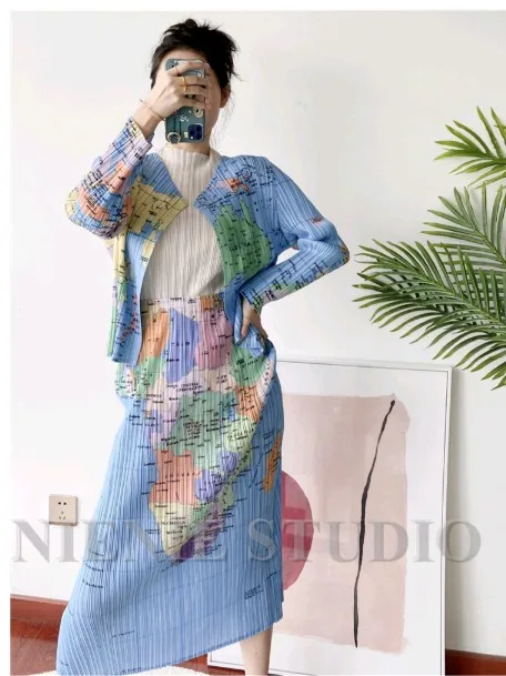 

HOT SELLING Miyake fold fashion word long sleeve o-neck coat + Straight skirt Earth map two-piece suit IN STOCK