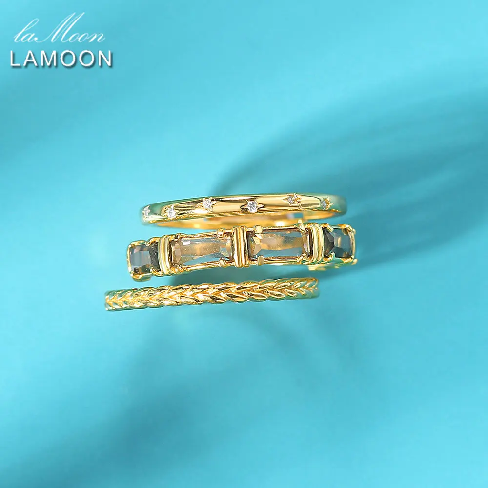 

LAMOON S925 Sliver Ring Set Weave Star Crystal Boho Ring For Women Natural Smoky Quartz 14K Gold Plated Fine Jewelry LMRI150