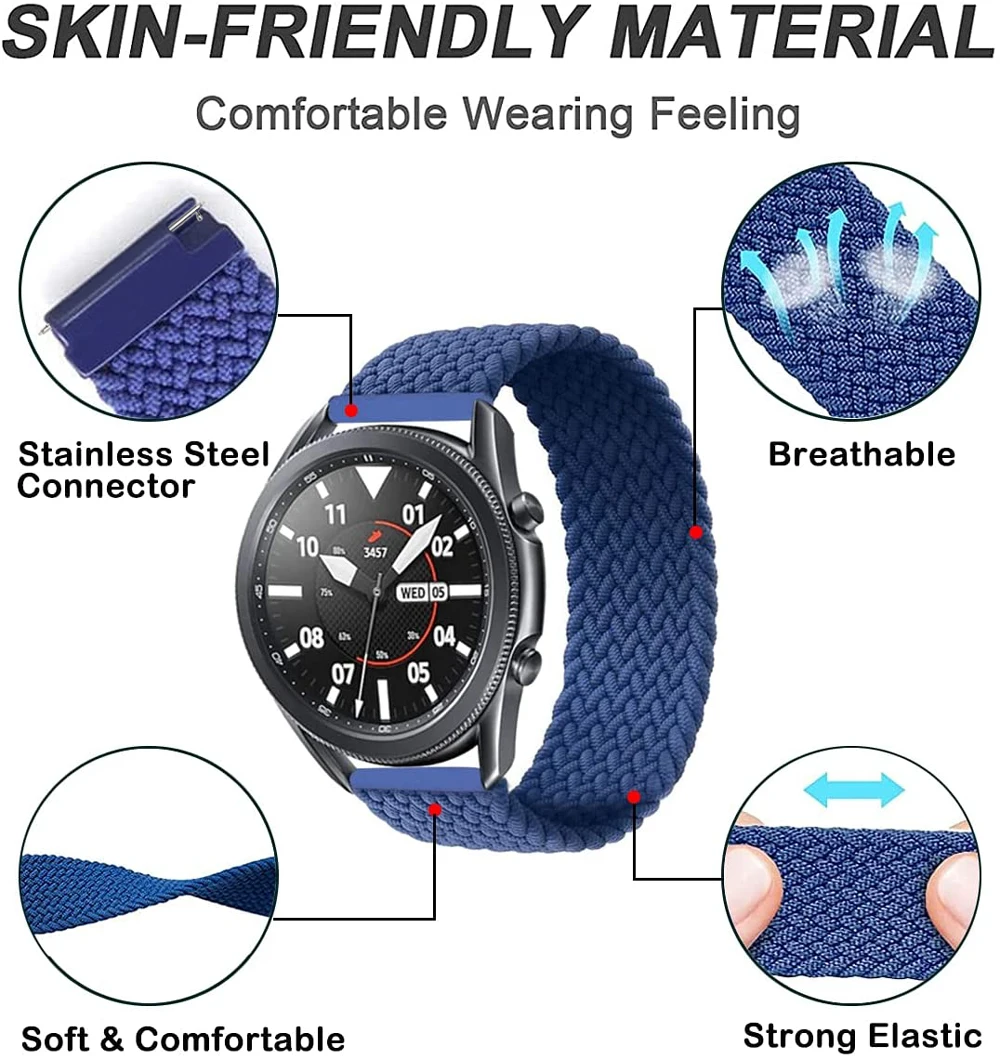 20mm/22mm Braided Solo Loop Strap for Samsung Galaxy watch 4 5/44mm/40mm/active 2/Gear S3 bracelet Huawei watch GT/2/2e/Pro Band