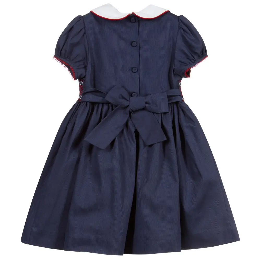Baby Girls Smocked Dresses Navy Blue Vintage White Embroidery Frocks Infant Handmade Party Wear Kids Boutiques Clothing