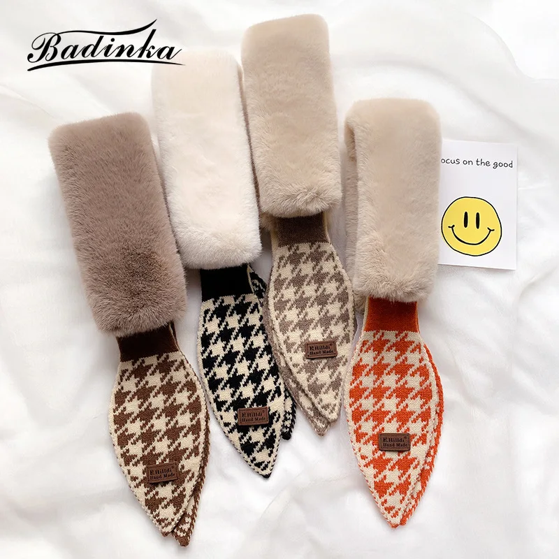 2022 New Winter Thick Warm Faux Rabbit Fur Neck Collar Scarf Neckerchief Women Houndstooth Designer Knitted Scarfs for Ladies