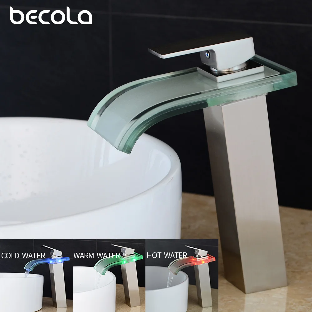 BECOLA Glass Brushed Nickel LED Basin Faucet Bathroom Brass Waterfall Mixers Basin Faucets Sink Mixer Sink Tap Led Faucet