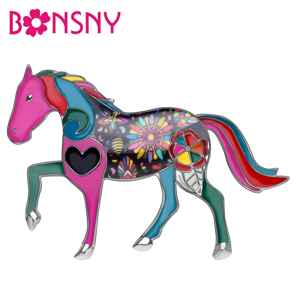 

Bonsny Enamel Alloy Floral Colorful Horse Brooches Clothes Scarf Pins Animal Jewelry For Women Girls Teen Party Gift Decorations