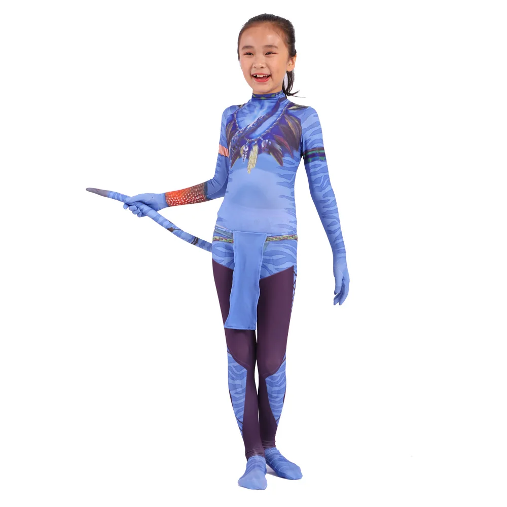 Girls Avatar 2 Neytiri Costumes Tail Suit Boys Jake Sully Cosplay Zentai Bodysuit Jumpsuit Kids Halloween Birthday Party Costume