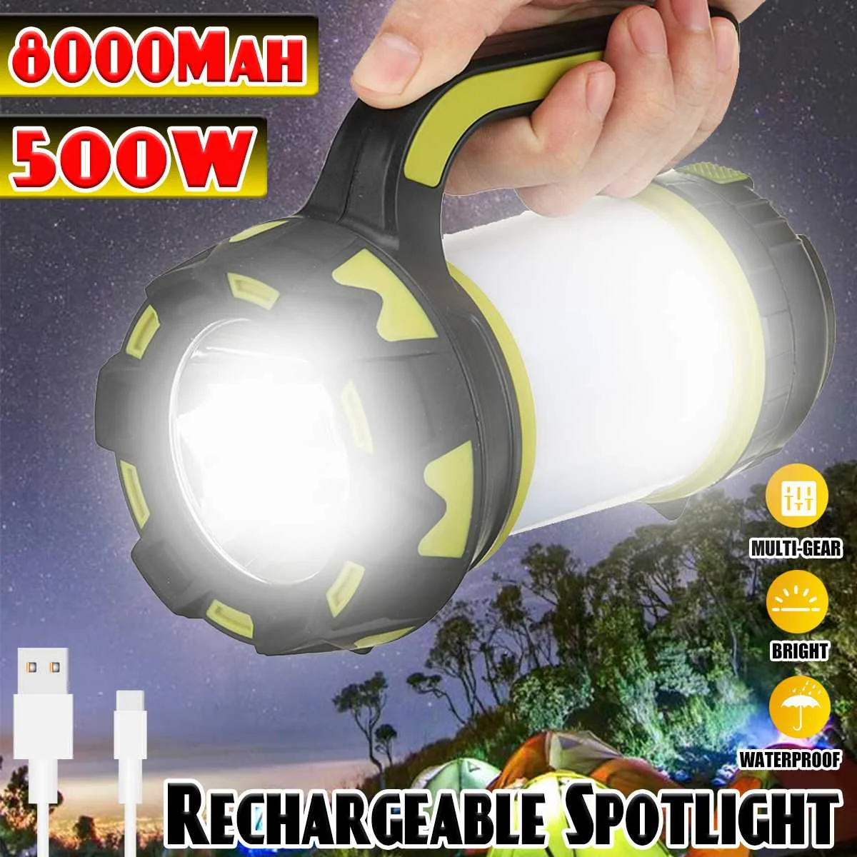 500m 3000LM Powerful Led Flashlight Portable Searchlight Rechargeable Spotlight Hunting Lamp Camping Outdoor Lighting