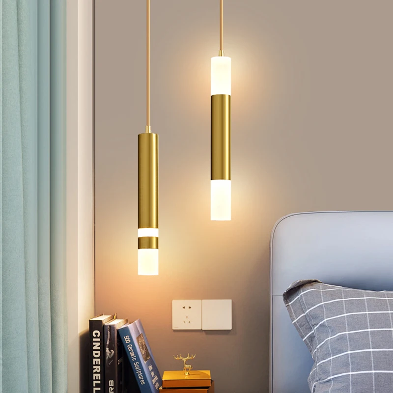 

Modern Cylinder Pendant Lights Over Bedside Table 6W LED Brass Gold Aluminium Acrylic Hanging Lamps For Bedroom Living Room Bars