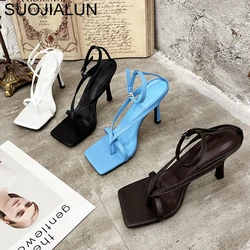 SUOJIALUN Gladiator Sandals High Heels Sandal Shoes Fashion Brand Strap Flip Flops Sexy Thin High Heel Pumps Square Toe Shoes