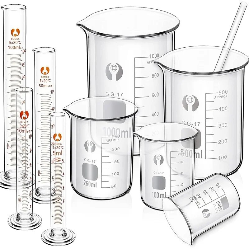 Experimental glass beaker and measuring cylinder 10 glass measuring cups and measuring cylinder with stirring rod