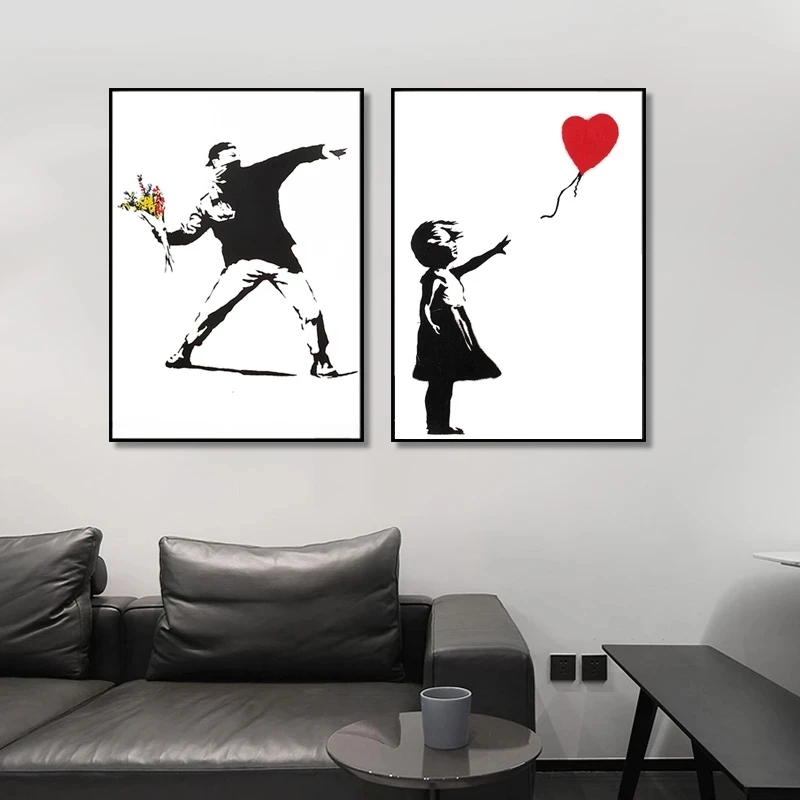 Girl with Red Balloon Banksy Graffiti Art Canvas Painting Black and White Wall Art Poster for Living Room Home Decor Cuadros