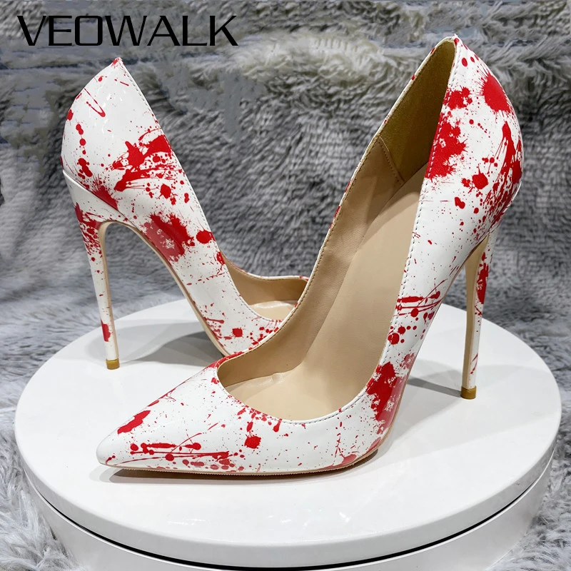 

Veowalk White Graphic Printed Women Patent Pointed Toe Stiletto Pumps Chic Ladies Slip On Classic Designer High Heel Dress Shoes