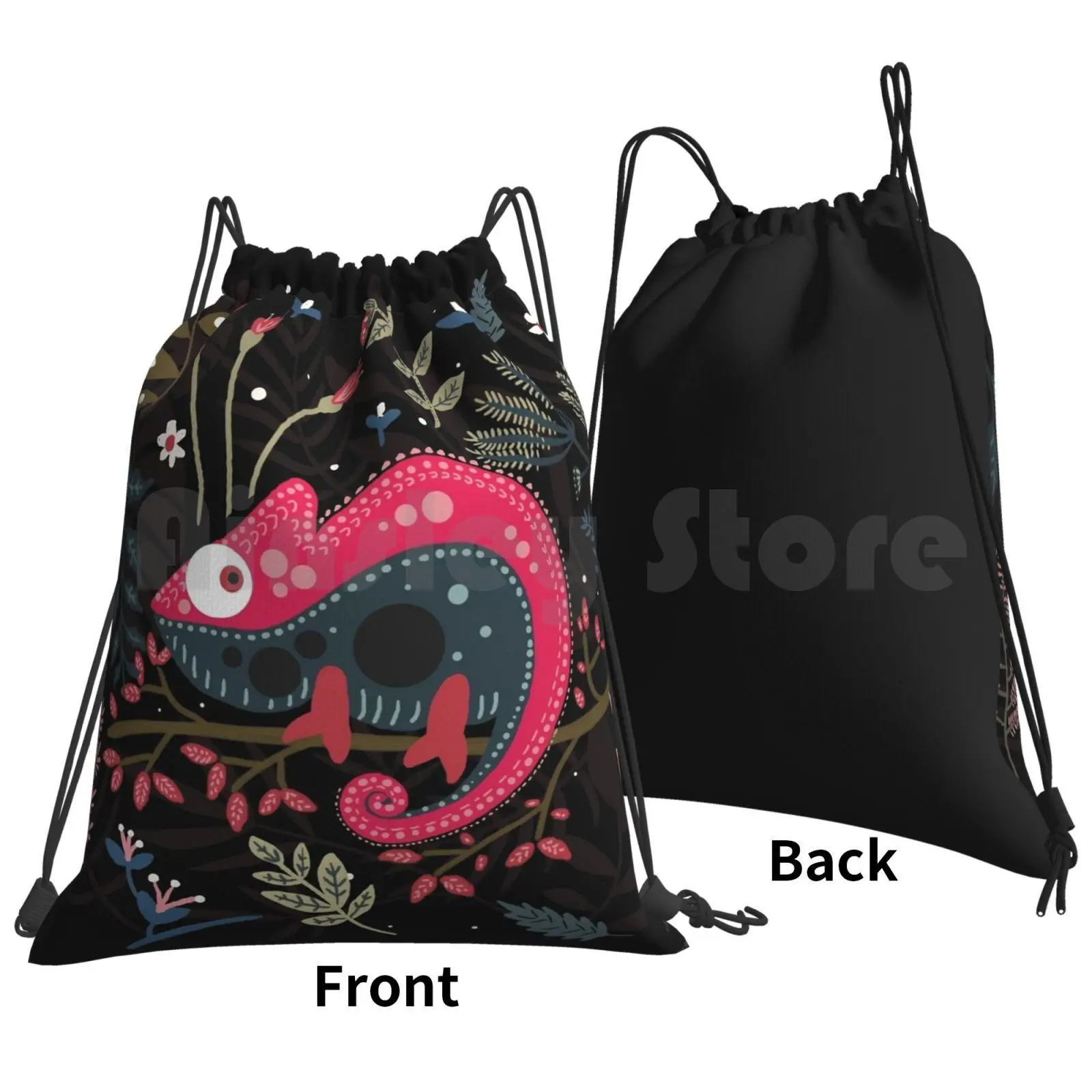 Pink Chameleon And The Flowers Backpack Drawstring Bag Riding Climbing Gym Bag Pink Chameleon Flowers Flower Floral Animal