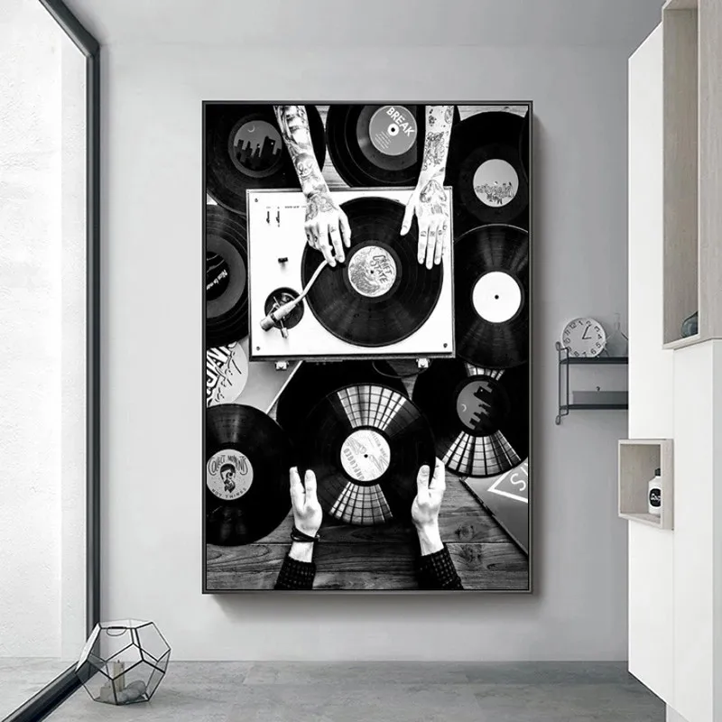 

Vinyl Records Wall Art Canvas Painting Black and White Vintage Music Posters and Prints Wall Pictures for Living Room Home Decor