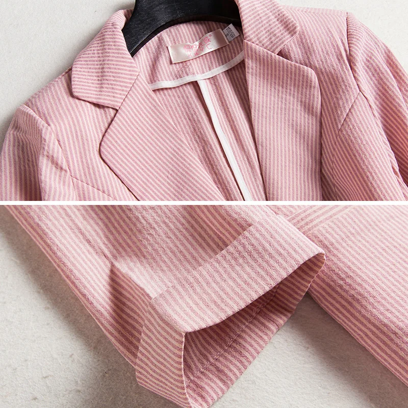 Elegant Women's Stripe 3/4 Sleeve Suit Jacket 2026 Spring Summer Thin Slim Outwear Single Button Female Office Blazer Coat Tops