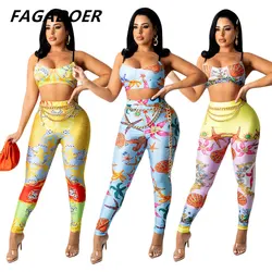 Fagadoer New Sleeveless Two Piece Women Starfish Print Crop Top And Skinny Pant Suits Summer Fashion Bodycon Tracksuit Sexy