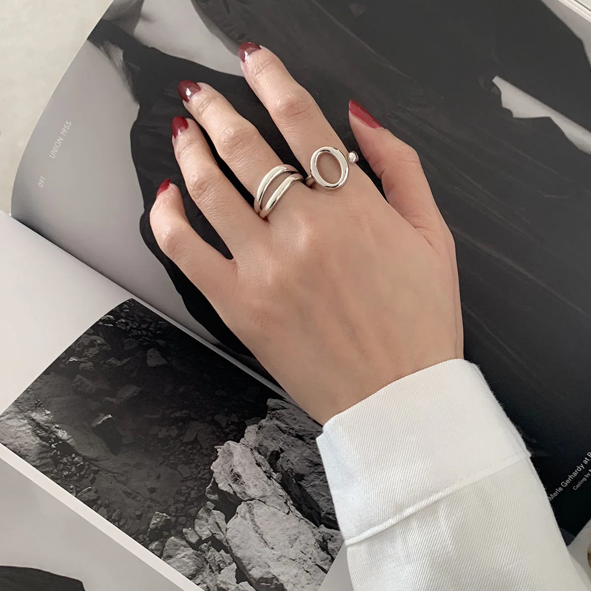 LIVVY Silver Color  Round Hollow Rings For Women  Double Lines Trendy Jewelry Vintage Party Accessories Gifts