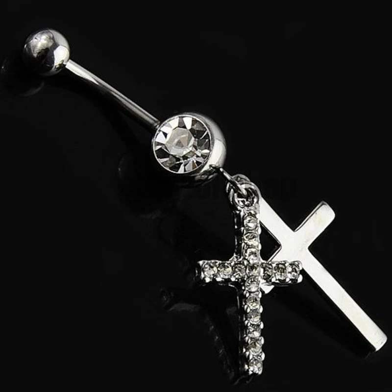 Hollow Cross Dangle Navel Ring 14G 316L Surgical Steel Belly Button Ring Clear Black CZ Punk Piercing Ombligo Oreja Body Jewelry