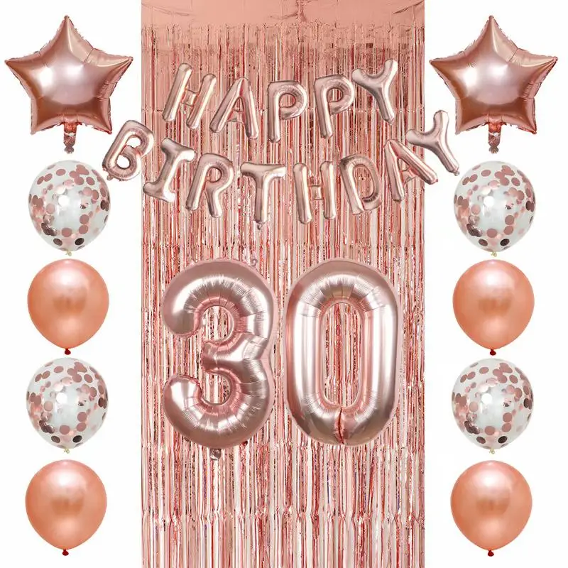 26pcs Birthday Party Balloon 18 20 30 40th Number Balloon adult Birthday Party Decoration Letter Confetti Rose Gold Rain curtain