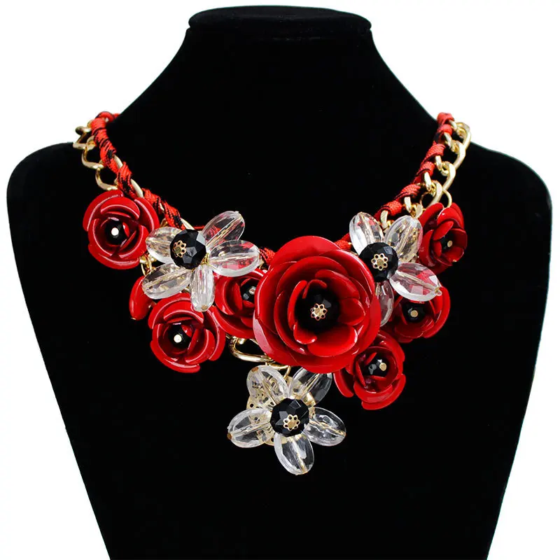 New Arrival Women exaggeration Flower Necklace Gem Pendant Rope Woven Necklace For Women Gift Ladies