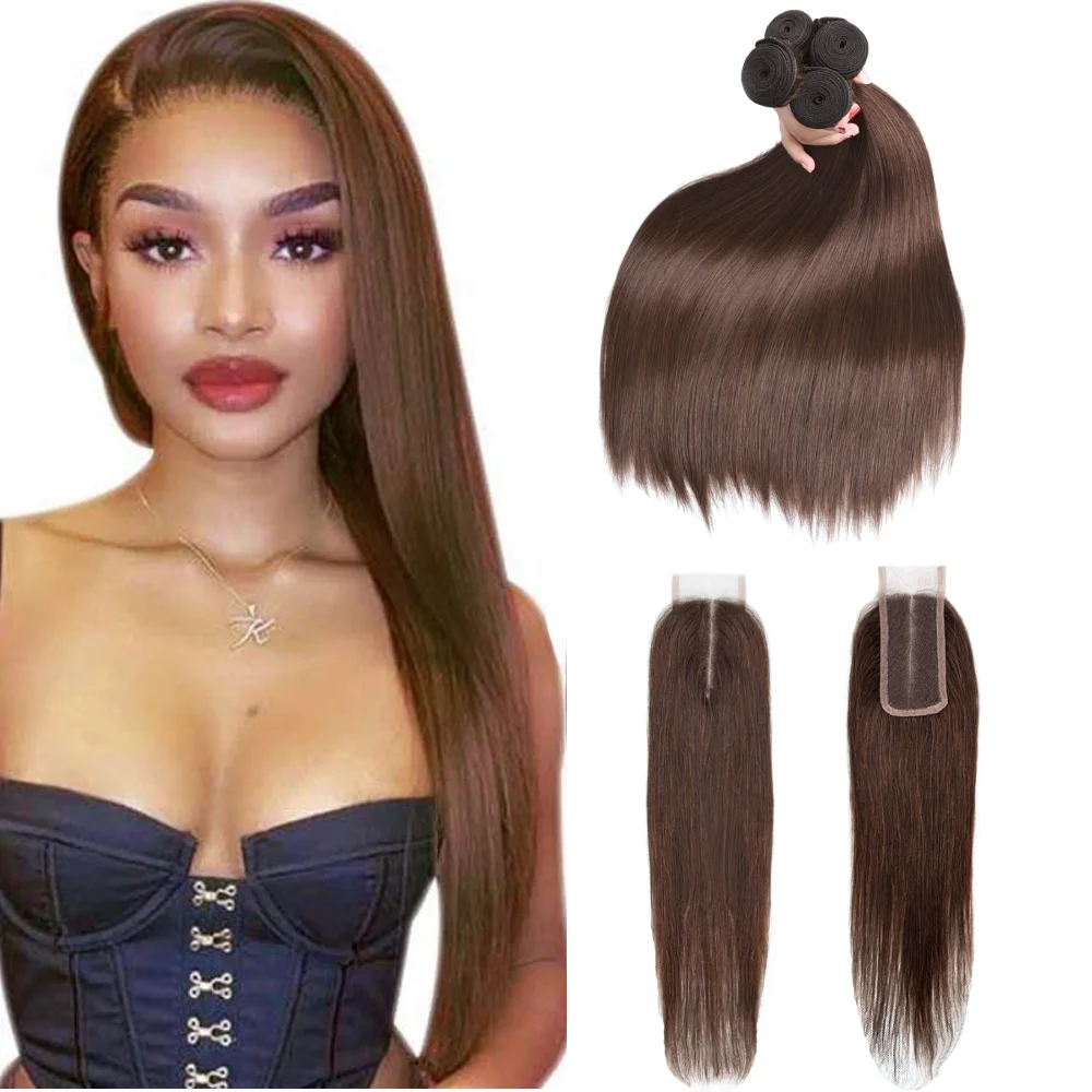 Bundles with Closure 2x4 Human Hair Bone Straight #2  Brown Colored Bundles with Lace Closure Hair Extension for Women New