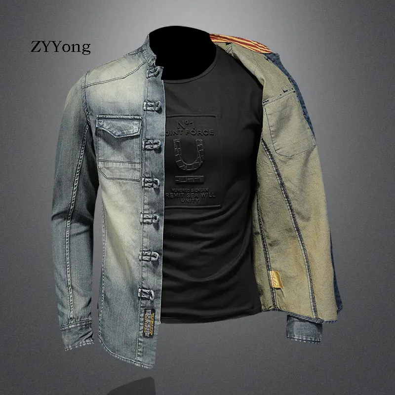 Fashion Long Sleeve Stand Collar Men\'s Denim Shirt Slim Soft Comfortable Motorcycle Style Streetwear Leisure Blue Thin Coat