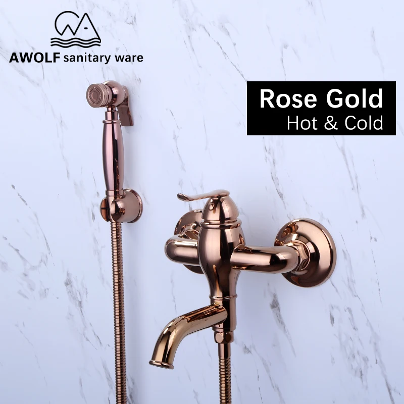 Rose Gold Douche Kit Hot And Cold Hand Held Bidet Sprayer Solid Brass Mixer Valve Faucet Toilet Shattaf Shower Polishing AP2194