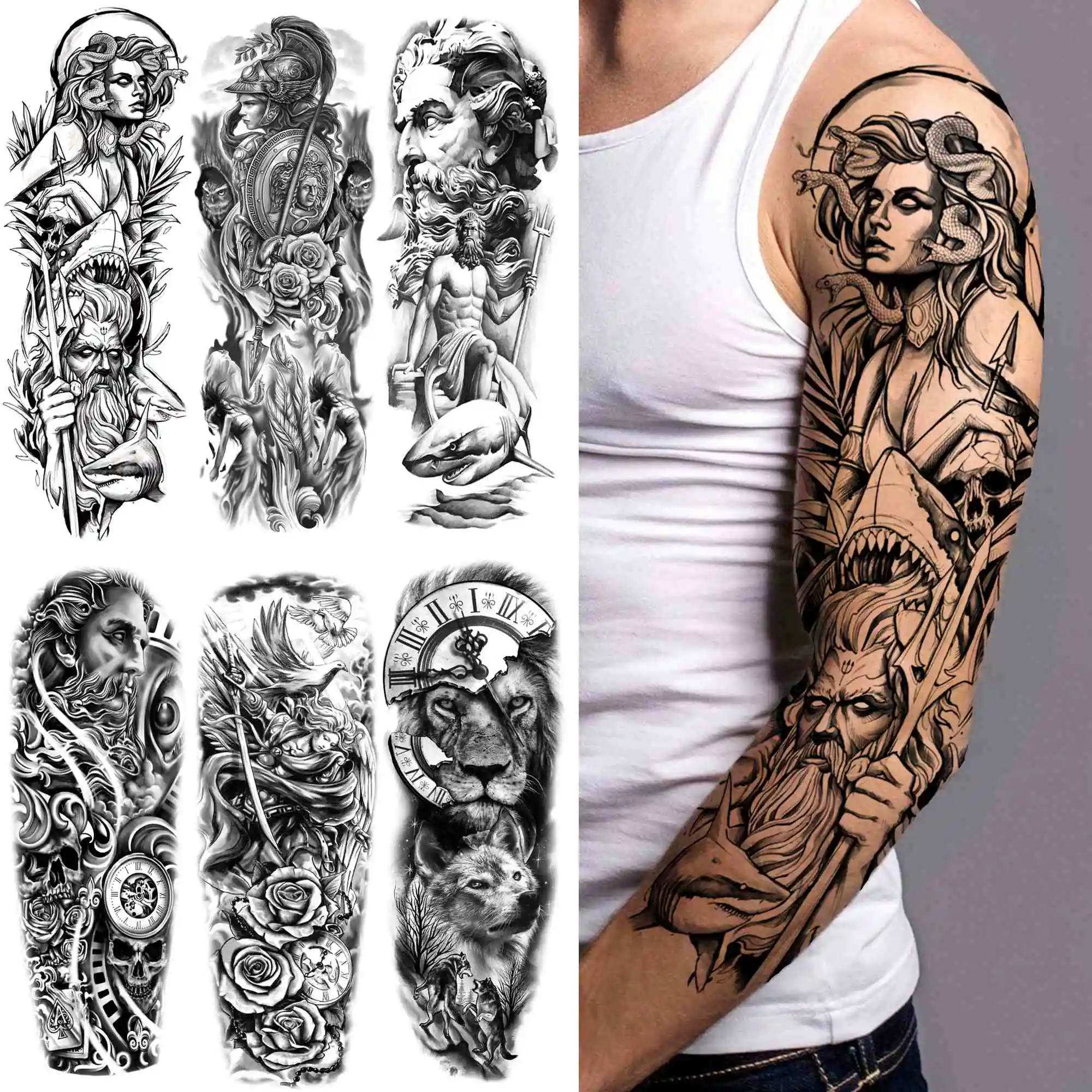 Skull Warrior Temporary Tattoos Sleeve For Men Women Adult Realistic Fake Flower Tattoo Sticker Black Lion Soldier Large Tatoos