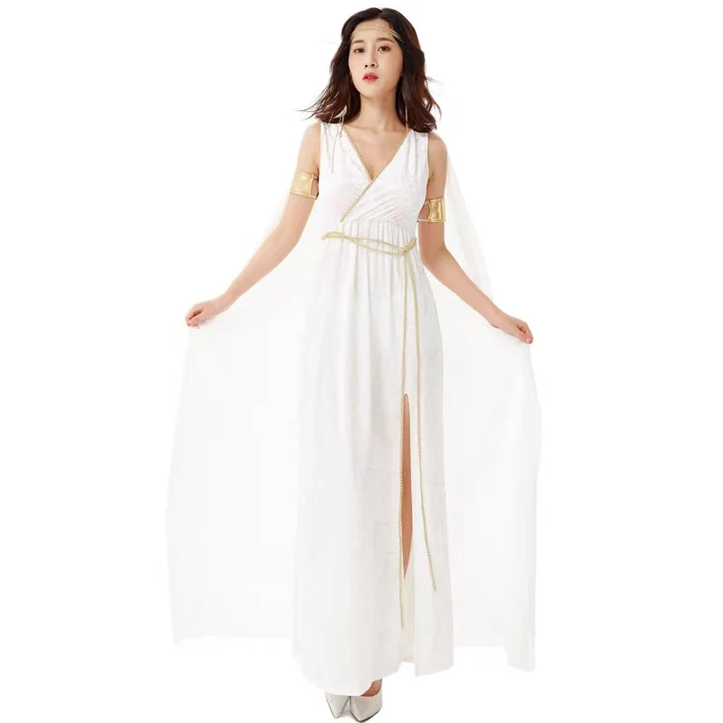 

White Deep V-neck Women Halloween Mythology Greece Goddess Costumes Female Queen Cosplay Purim Carnival Role Playing Party Dress