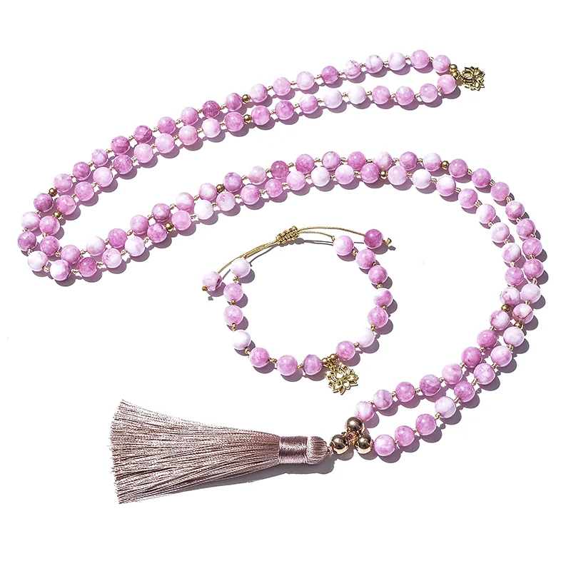 8mm Kunzite Beaded Knotted Japamala Necklace 108 Mala Rosary Meditation Yoga Jewelry Set with Golden Stainless Steel Beads Lotus