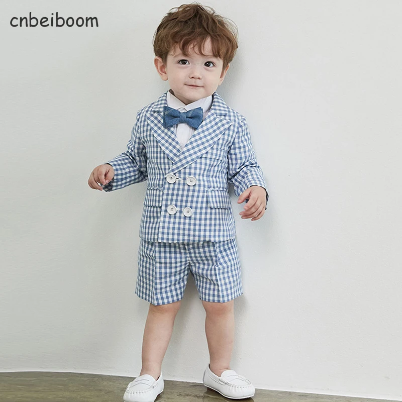 Newborn Baby Photography Clothing Plaid Coat+Strap shorts 2pcs Set and white shirt Boys Costumes Outfit Infant Gentleman Clothes